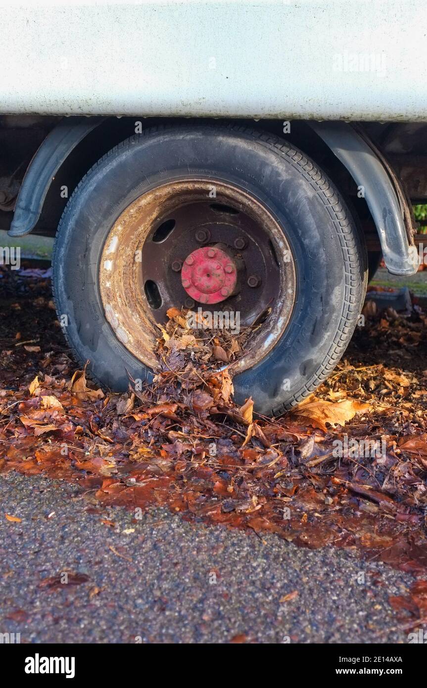 Ein unnützer Van, der sich so lange nicht bewegt hat, haben die gefallenen Blätter ihn umzingelt. 2020 Stockfoto