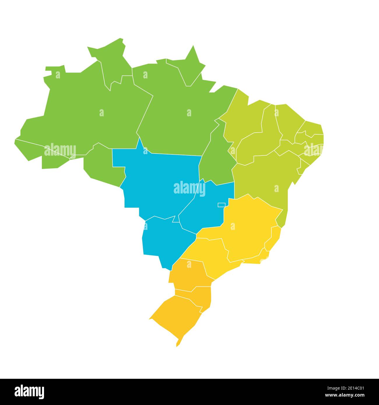Bunte leere politische Karte von Brasilien. Staaten teilen sich durch Farbe in 5 Regionen. Einfache flache Vektorkarte. Stock Vektor