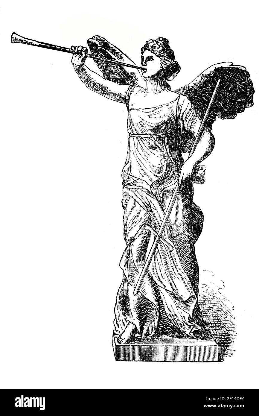 Nike, Found in Samothrace, Restaurierung, Illustration von 1880 / Nike, gefunden in Samothrake, Wiedererstellung, Illustration aus 1880, Historisch, historisch, digital verbesserte Reproduktion eines Originals aus dem 19. Jahrhundert / digitale Reproduktion einer Originalvorlage aus dem 19ten Jahrhundert. Jahrhundert, Stockfoto