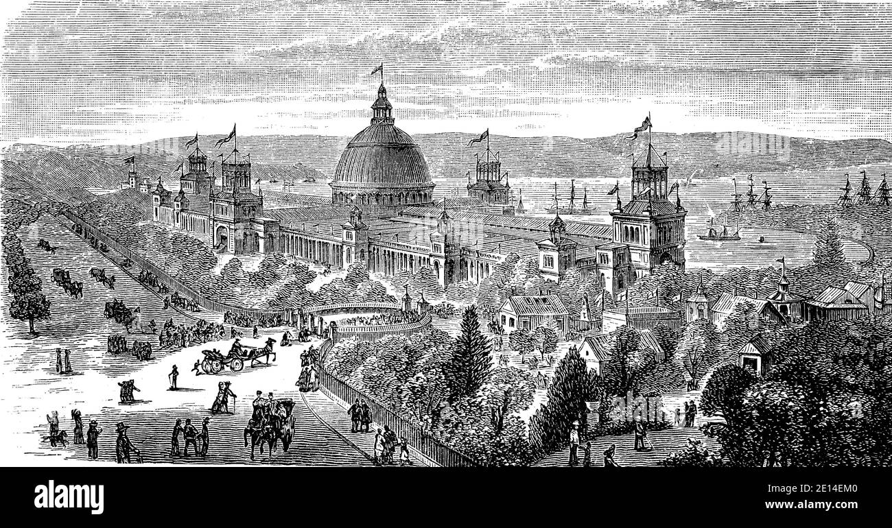 Das Hauptgebäude der Weltausstellung in Sydney, Australien, im Jahr 1879. / das Hauptgebäude der Weltausstellung in Sydney, Australien, im Jahr 1879, Historisch, historisch, digital verbesserte Reproduktion eines Originals aus dem 19. Jahrhundert / digitale Reproduktion einer Originalvorlage aus dem 19. Jahrhundert, Stockfoto