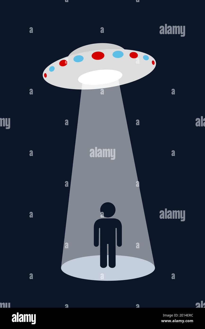 Alien Entführung - Mensch wird entführt und entführt von außerirdischen nicht identifizierten fliegenden Objekt ( UFO ). Vektorgrafik. Stockfoto