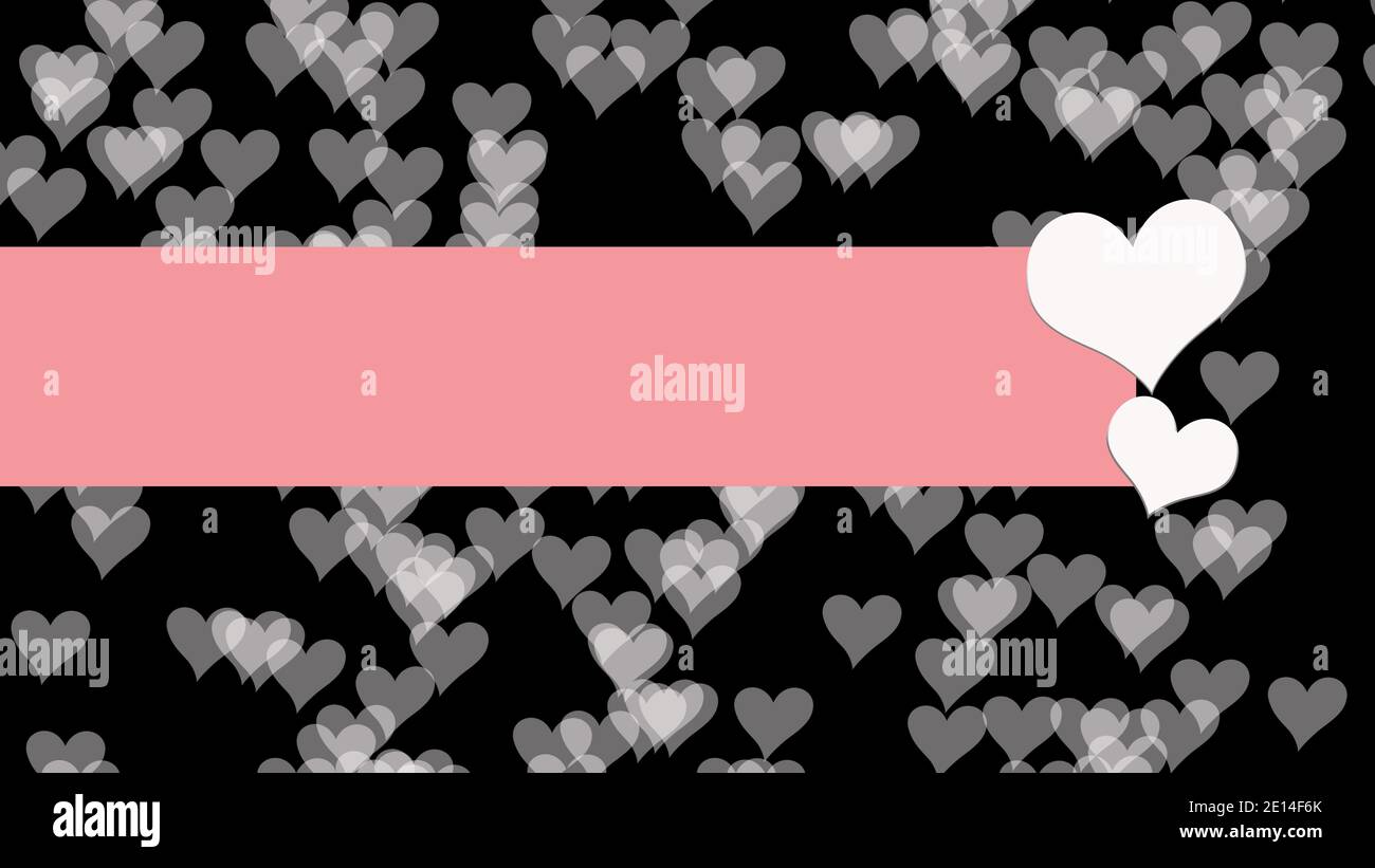 Postkarte mit Herzen. Schwarzer Hintergrund weiße Herzen rosa Streifen als Ort für eine Inschrift. Speicherplatz kopieren. Stockfoto