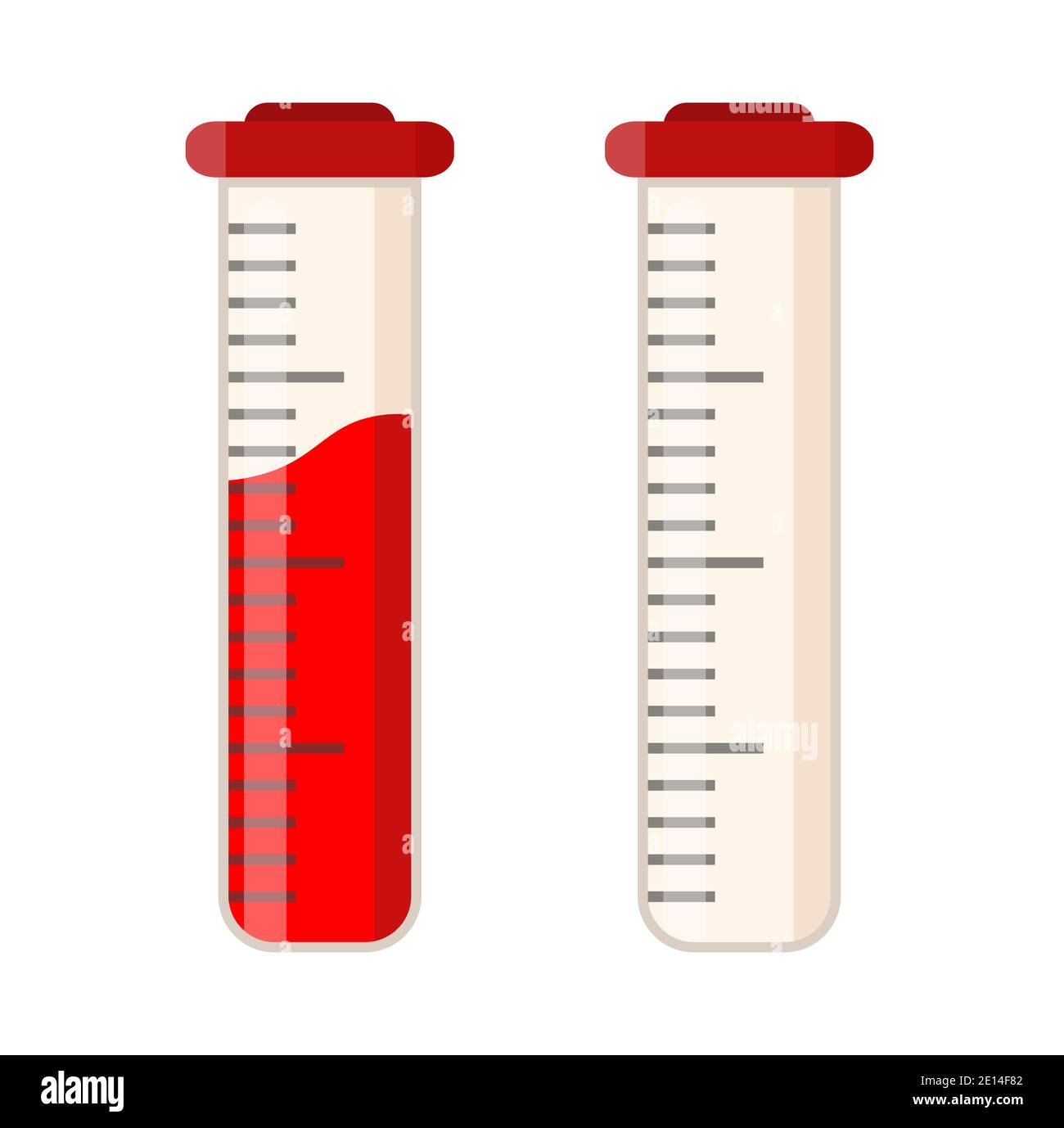 Medizinischer Bluttest. Ein medizinischer Schlauch mit roter Flüssigkeit. Vektorgrafik, flacher Stil. Isoliert auf weißem Hintergrund. Stock Vektor