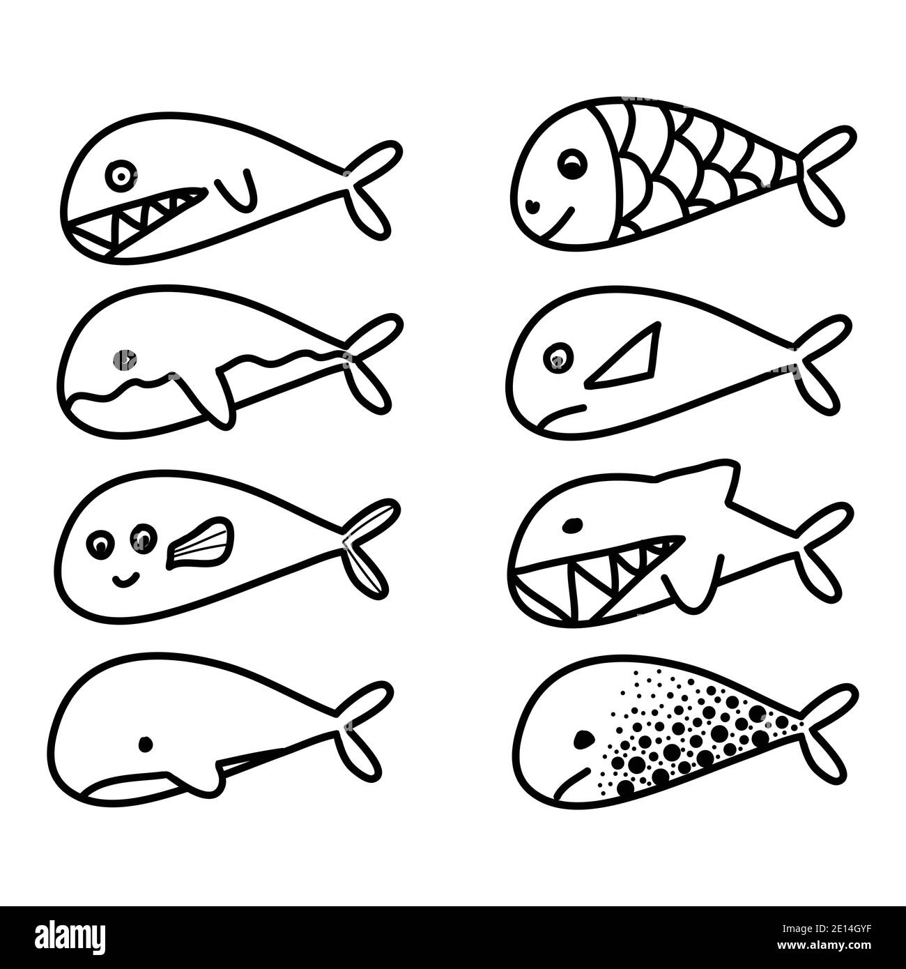 Satz von Fischen und Walen, verschiedene Stimmung niedlich gut böse, schwarz und weiß handgezeichnete Doodle Vektor-Illustration Stock Vektor
