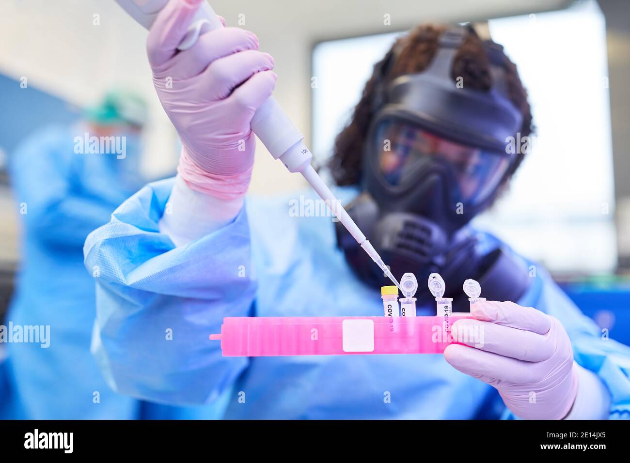Der Chemiker füllt Ampullen im Biotechnologielabor mit Covid-19-Impfstoff Während der Coronavirus-Pandemie Stockfoto