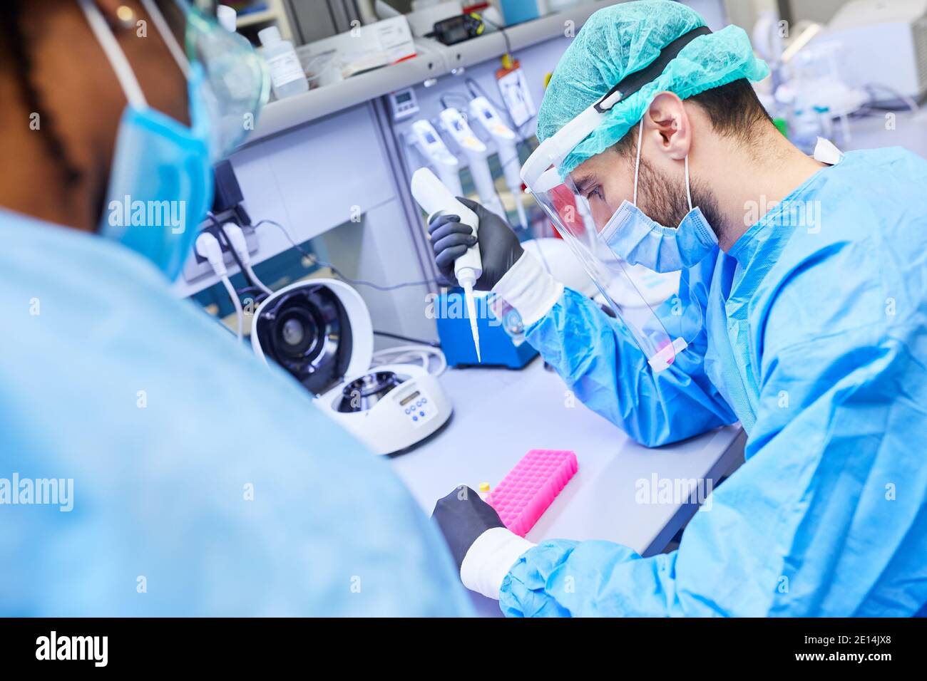 Zwei Biotechnologieforscher arbeiten im Labor am Covid-19 zusammen Impfstoff gegen Coronavirus-Pandemie Stockfoto