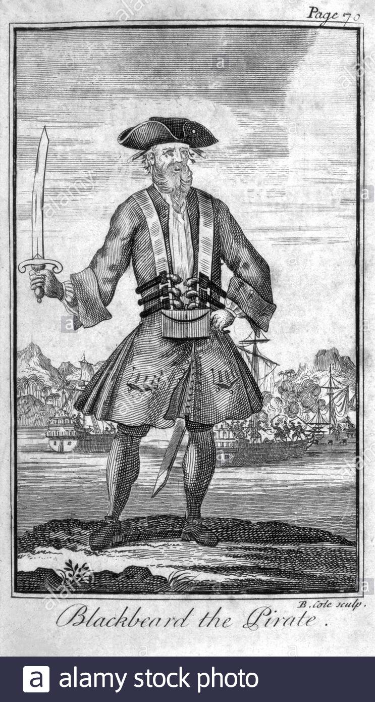 Edward Teach Portrait, c1680 – 1718, besser bekannt als Blackbeard the Pirate, war ein englischer Pirat, der rund um die West-Indien und die Ostküste der britischen nordamerikanischen Kolonien operierte. Vintage Illustration von 1725. Stockfoto