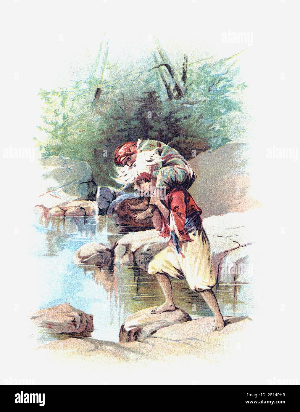 Sinbad, der Seemann, trägt den alten Mann des Meeres auf seinen Schultern. Nach einer Illustration von Francis Brundage in einer Ausgabe der Arabian Nights Entertainments von 1898. Stockfoto