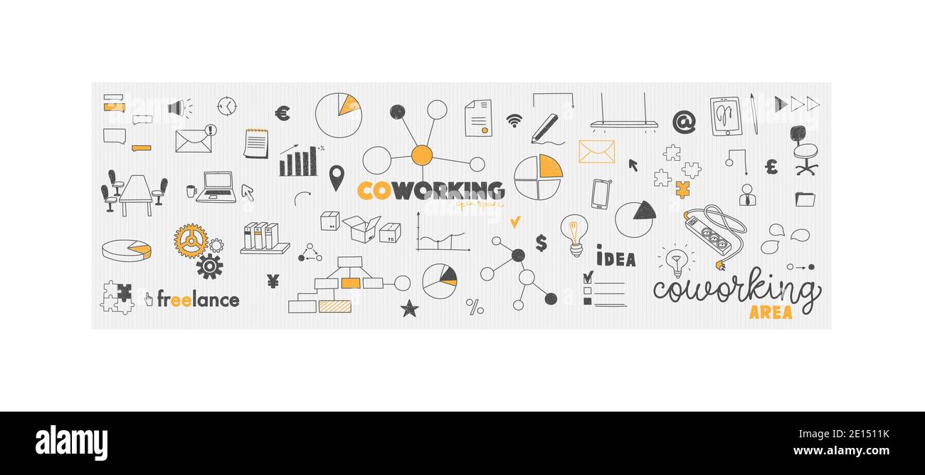 Vector doodles Büro Co-Work-Konzept. Coworking und kollaborative Arbeitsumgebung und freiberuflich. Handzeichnung Illustrationen für Webbanner, Design Stock Vektor