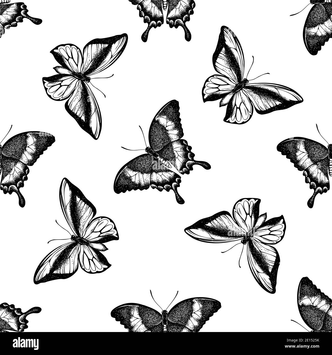 Nahtloses Muster mit schwarz-weißem Smaragd-Schwalbenschwanz, Schwalbenschwanz-Schmetterling Stock Vektor