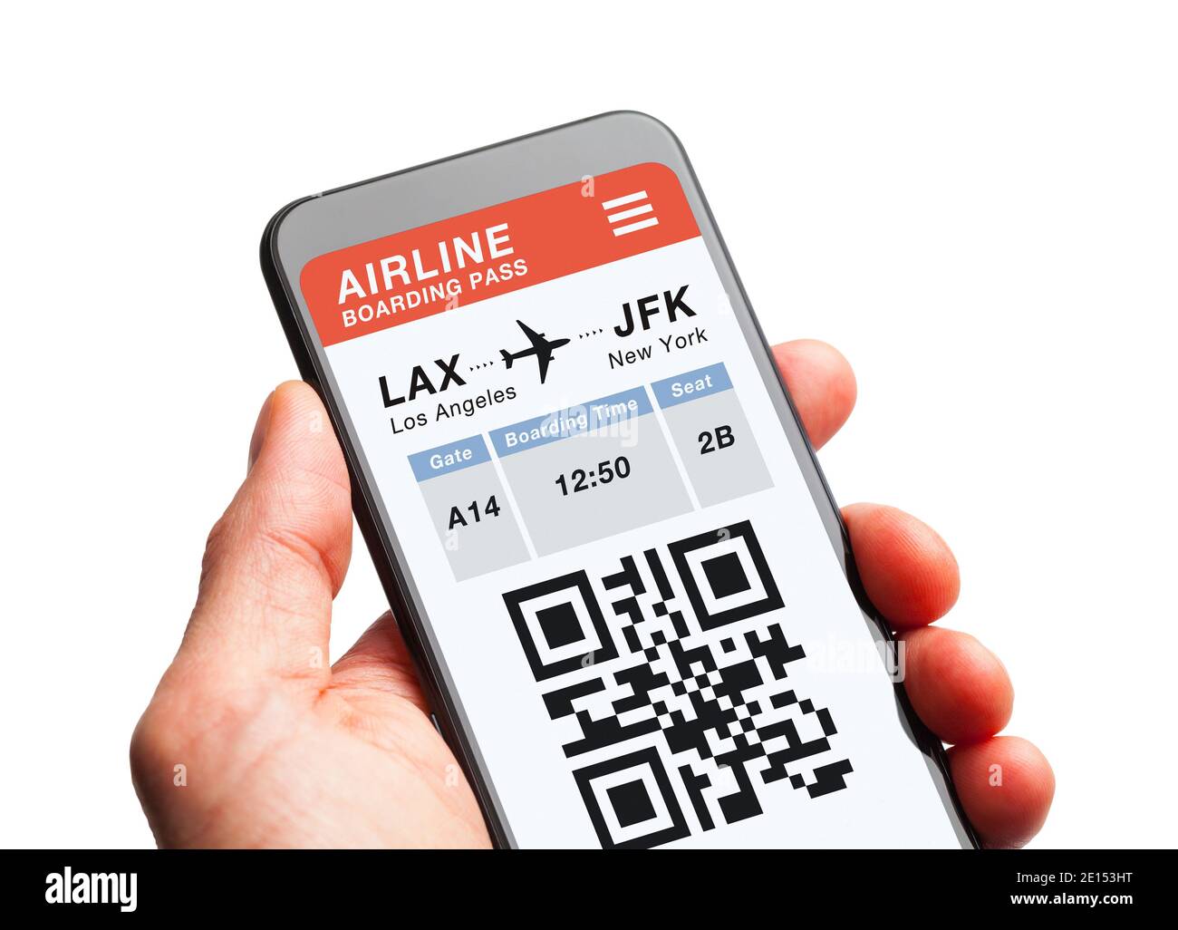 Halten Sie ein Smartphone mit Bordkarte für das Flugzeug auf sich. Stockfoto