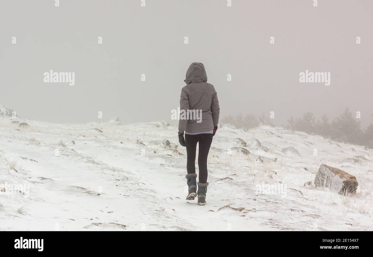 Einsame Frau, die im Schnee läuft. Extremes Wetter im Winter. Im Nationalpark Sierrra de Guadarrama, Madrid und Segovia. Stockfoto