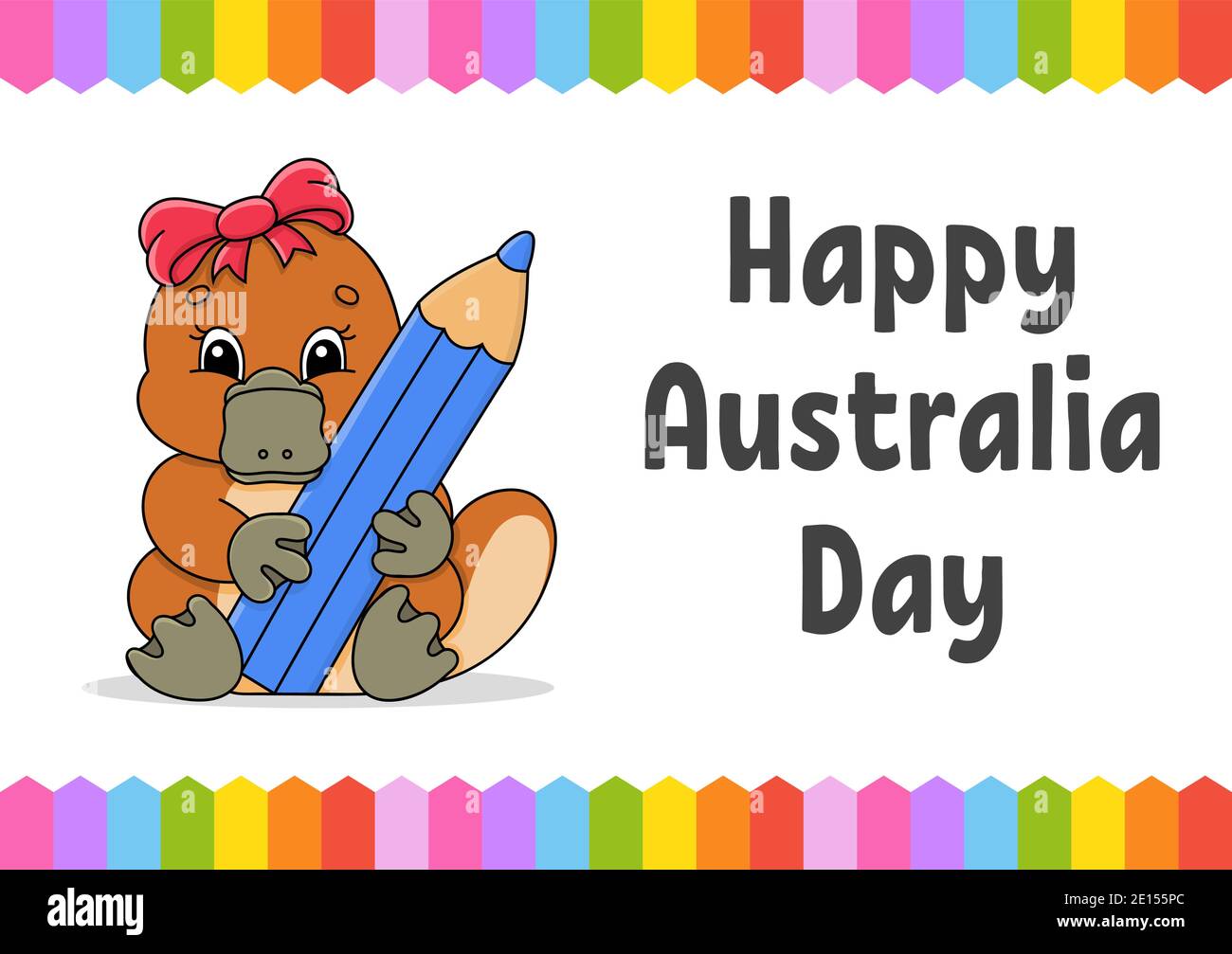 Grußkarte mit quadratischer Farbe. Happy Australia Day. Süße Cartoon-Schnabeltiere halten einen Bleistift in den Pfoten. Januar. Lustiger Charakter. Vektorgrafiken Stock Vektor