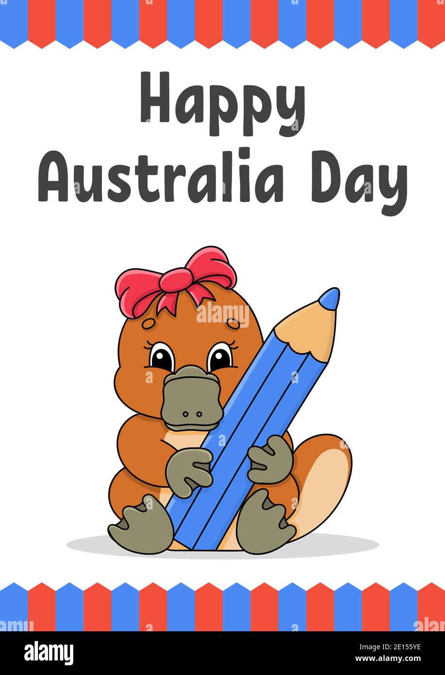 Grußkarte mit quadratischer Farbe. Happy Australia Day. Süße Cartoon-Schnabeltiere halten einen Bleistift in den Pfoten. Januar. Lustiger Charakter. Vektorgrafiken Stock Vektor