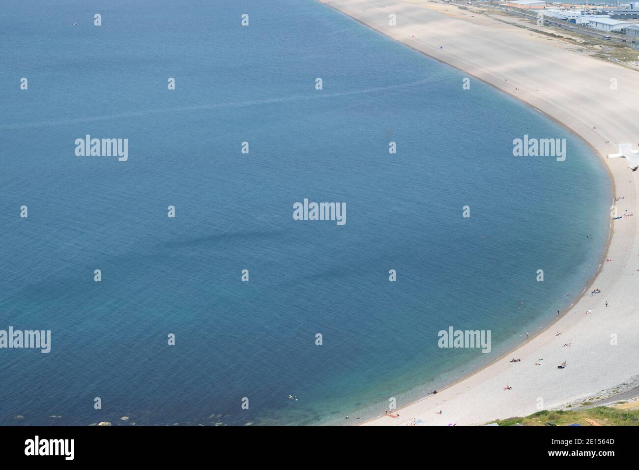Blick auf Chesil Beach von der Isle of Portland, Dorset Stockfoto