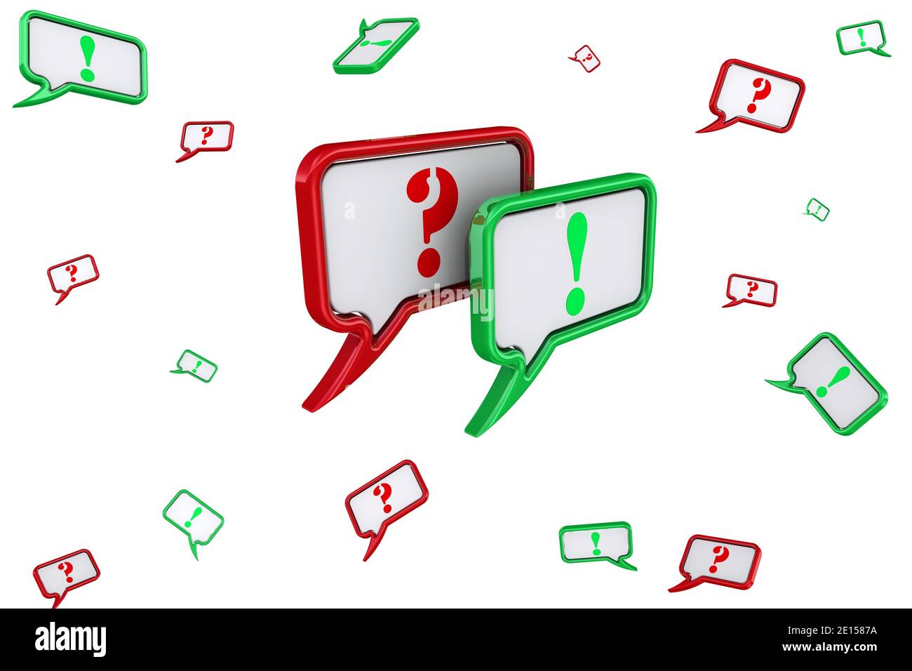 Volumetrische rote Sprechblase. Viele grüne und rote Sprechblasen mit Frage- und Ausrufezeichen isoliert auf weißem Hintergrund. 3D-Illustration Stockfoto Volumetrische rote Sprechblase. Viele grüne und rote Sprechblasen mit Frage- und Ausrufezeichen isoliert auf weißem Hintergrund. 3D-Illustration Stockfoto
