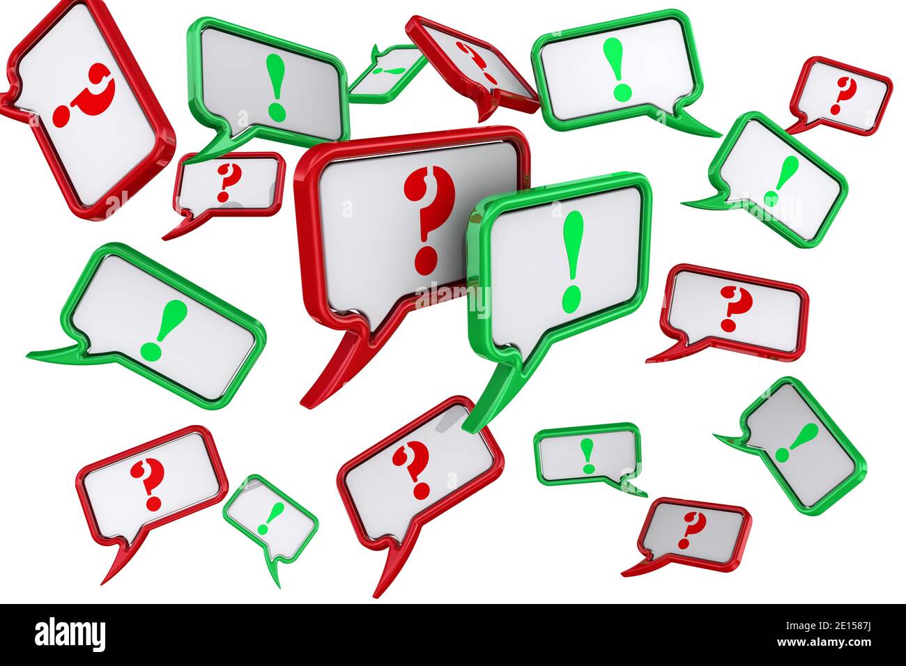 Volumetrische rote Sprechblase. Viele grüne und rote Sprechblasen mit Frage- und Ausrufezeichen isoliert auf weißem Hintergrund. 3D-Illustration Stockfoto Volumetrische rote Sprechblase. Viele grüne und rote Sprechblasen mit Frage- und Ausrufezeichen isoliert auf weißem Hintergrund. 3D-Illustration Stockfoto