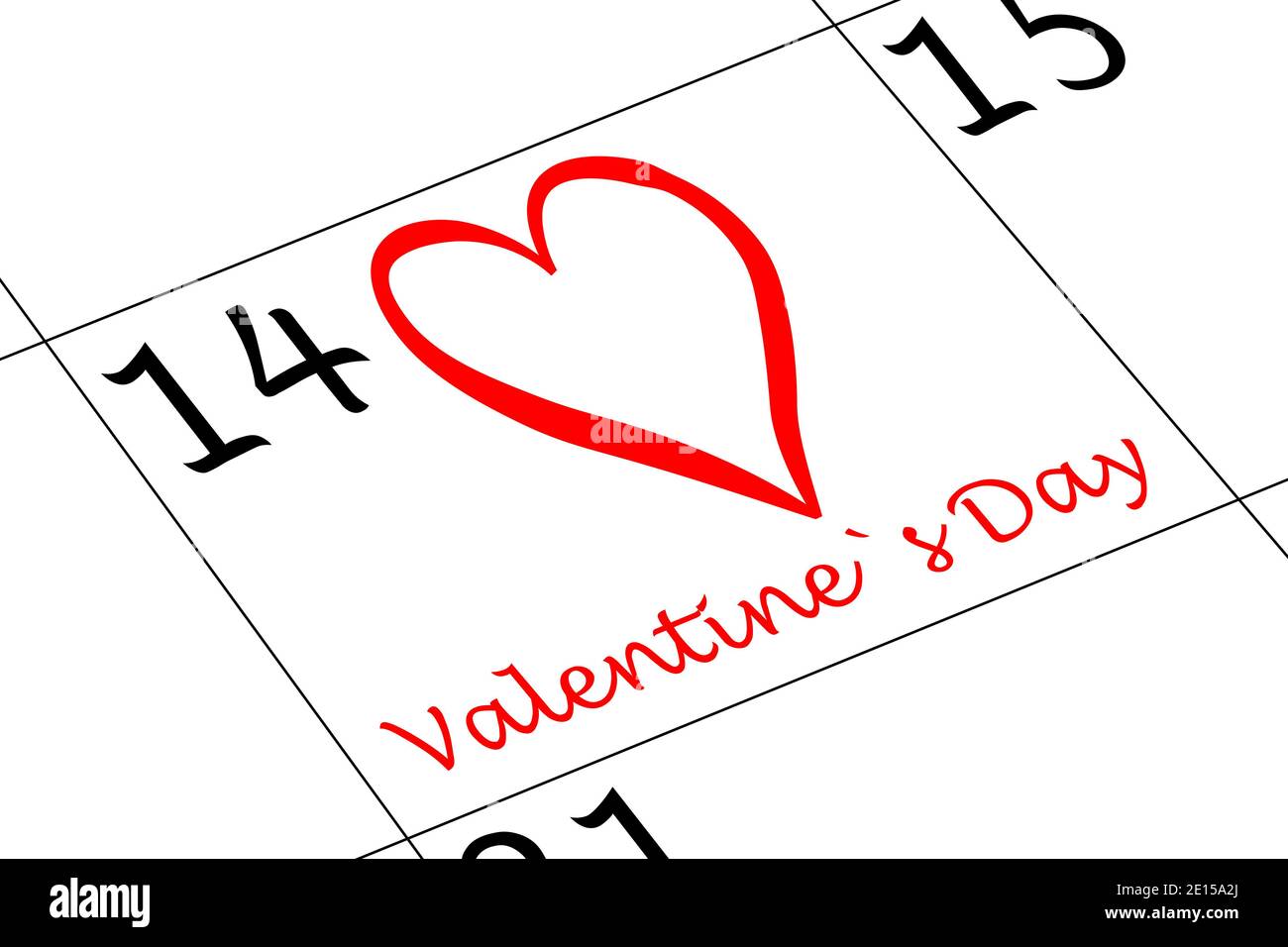 Valentinstag Kalender mit Herz und Schrift Stockfoto