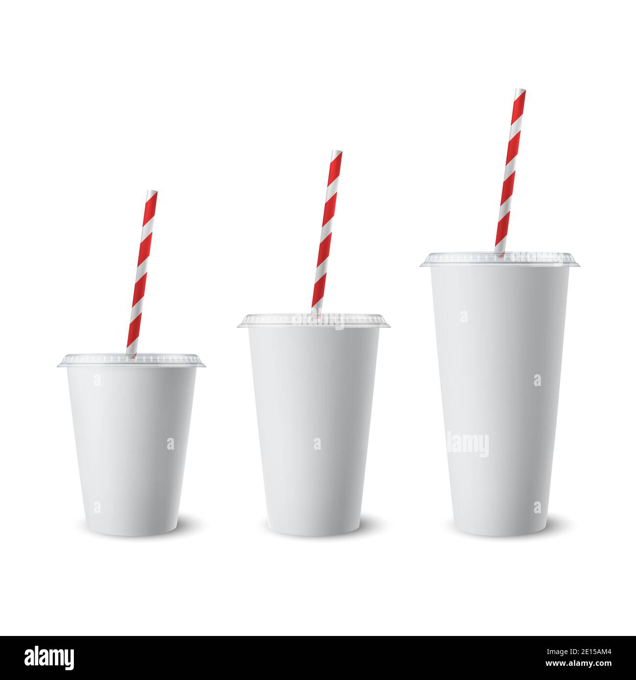 Vector 3d realistische White Paper Einweg Becher Set mit Deckel, Stroh für Getränke, Getränke isoliert. Kaffee, Soda, Tee, Cocktail, Milchshake, Saft Stock Vektor