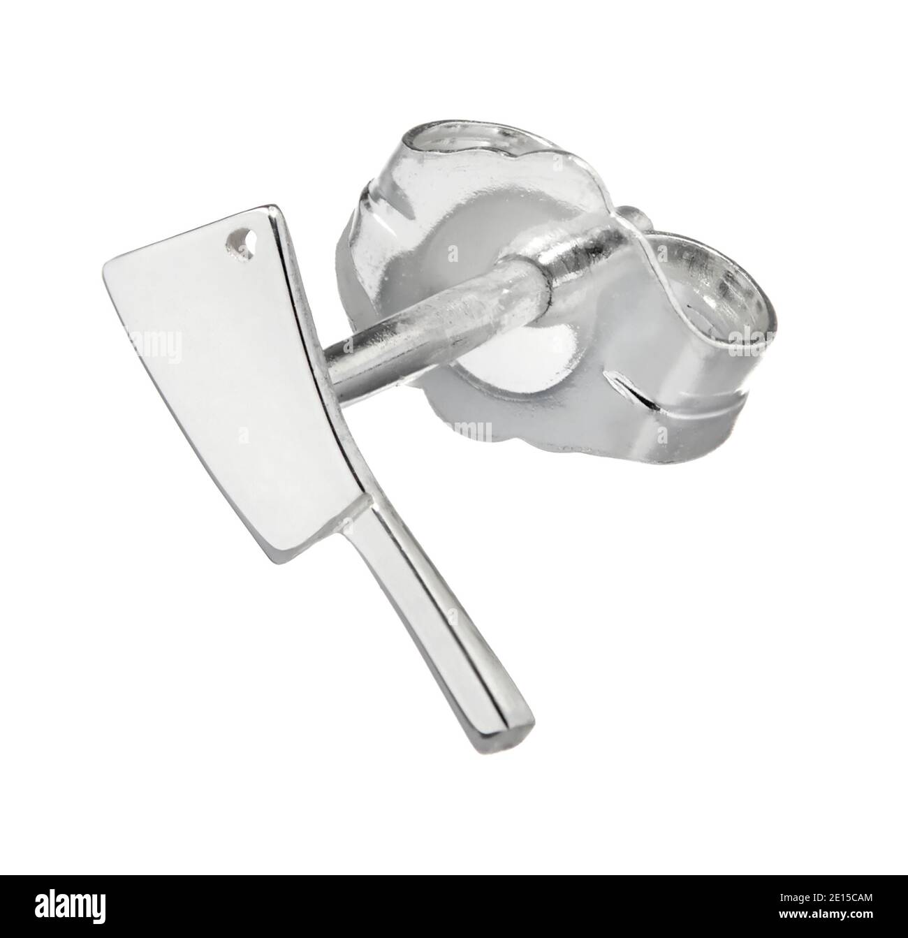 Silberner Fleischspalter Ohrring entworfen von Wendy Brandes fotografiert auf Ein weißer Hintergrund Stockfoto