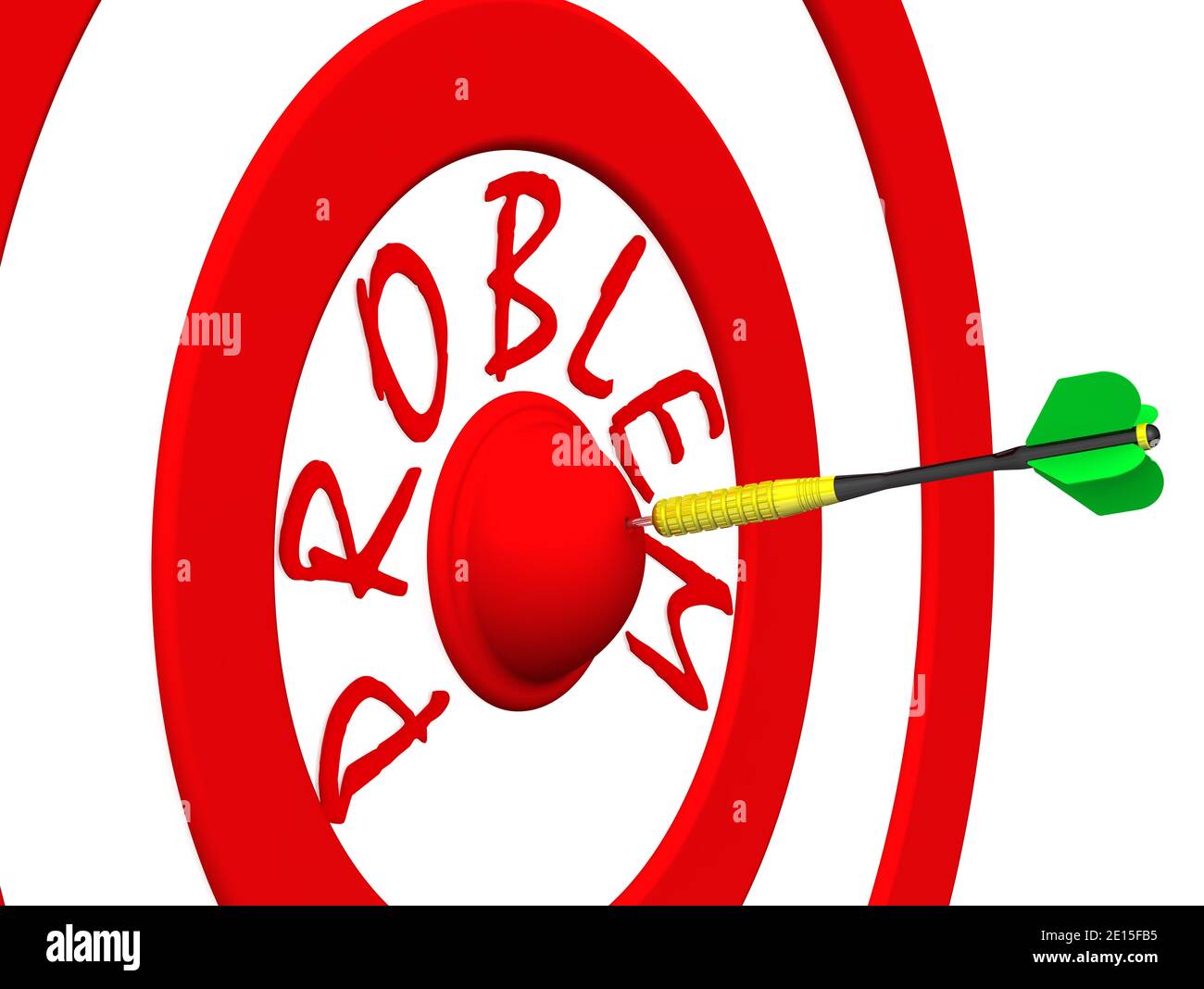 Problemlösung. Der Pfeil im Zielzentrum. Ziel mit dem Wort PROBLEM und Dart in der Mitte. Schlage das Auge des Bullen. Das Konzept des Erfolgs Stockfoto