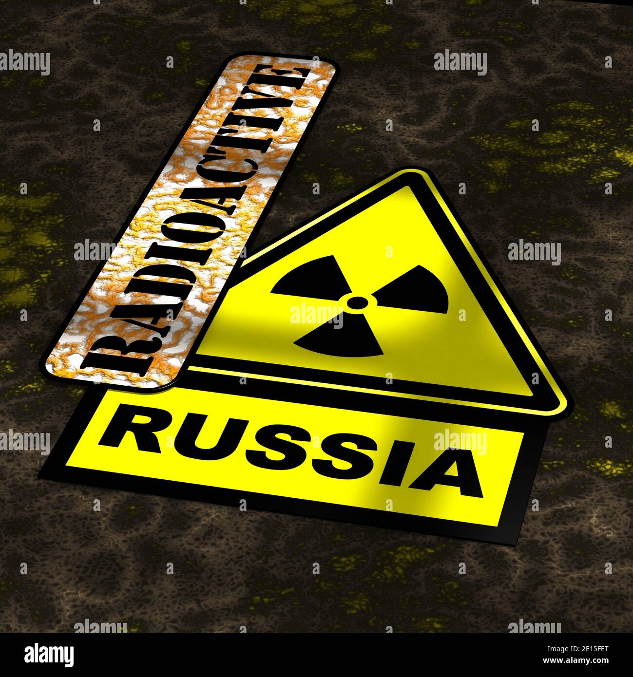 Strahlenbelastung in Russland. Ein Warnzeichen gelb radioaktive Gefahr mit der Tabelle markiert RADIOAKTIV und RUSSLAND liegen auf dem gefährlichen Boden Stockfoto