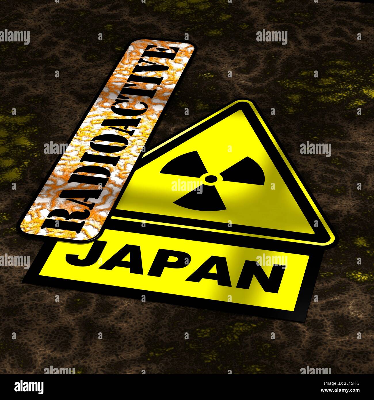 Strahlenbelastung in Japan. Ein gelbes Warnzeichen der radioaktiven Gefahr mit der Tabelle gekennzeichnet RADIOAKTIV und JAPAN liegen auf dem gefährlichen Boden Stockfoto