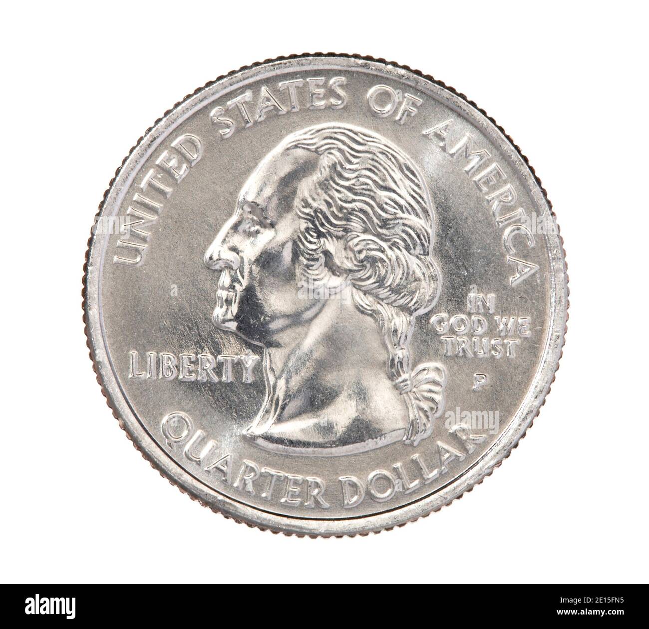 US-Viertel-Dollar-Münze Vorderseite auf einem weißen fotografiert Hintergrund Stockfoto