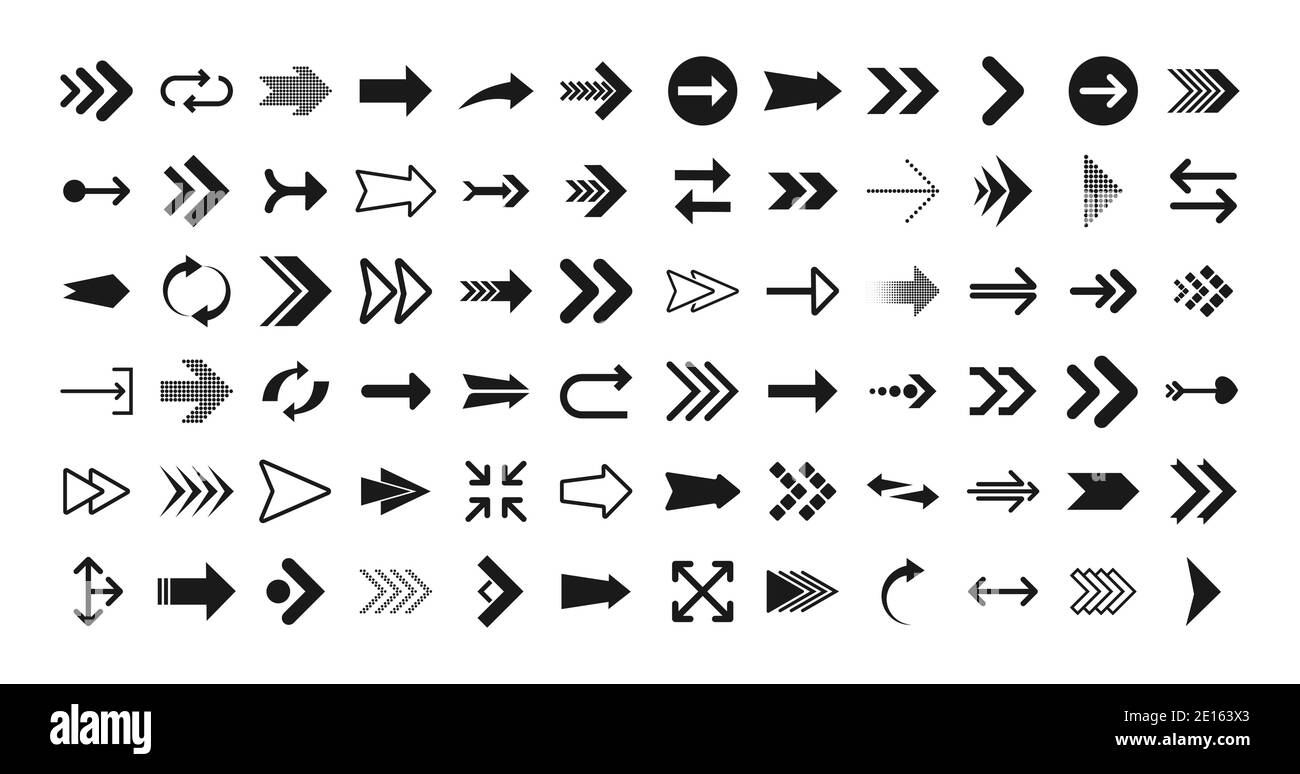 Pfeile große schwarze Set-Symbole. Pfeilsymbol. Pfeile für Web-Design, mobile Apps, Schnittstelle und vieles mehr. Vektorgrafik. Stock Vektor