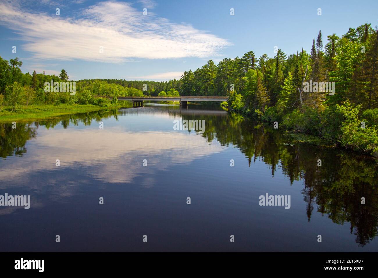 Der Au Sable River. Der Au Sable River fließt durch einen üppigen, abgelegenen Wildniswald im Norden von Michigan. Stockfoto