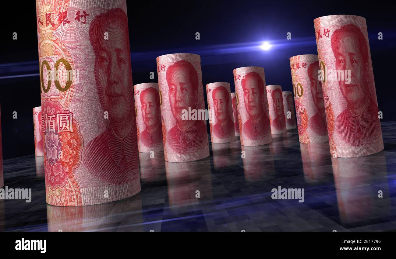 Chinesische Yuan Renminbi Geld Rollen 3d-Illustration. Kamera über die RMB rollenden Banknoten. Konzept der Wirtschaft, Krise, Finanzen, Bargeld, Unternehmen und rece Stockfoto