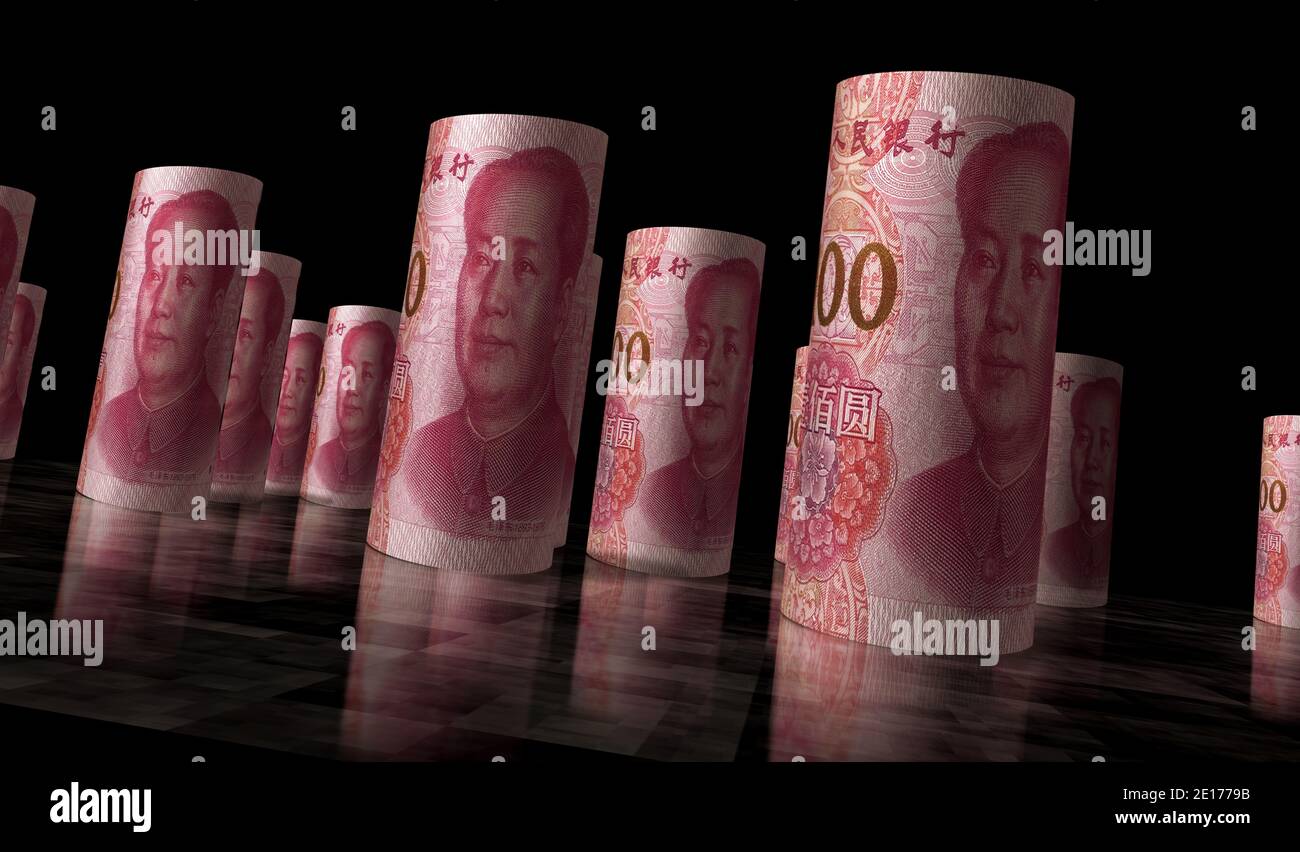 Chinesische Yuan Renminbi Geld Rollen 3d-Illustration. Kamera über die RMB rollenden Banknoten. Konzept der Wirtschaft, Krise, Finanzen, Bargeld, Unternehmen und rece Stockfoto