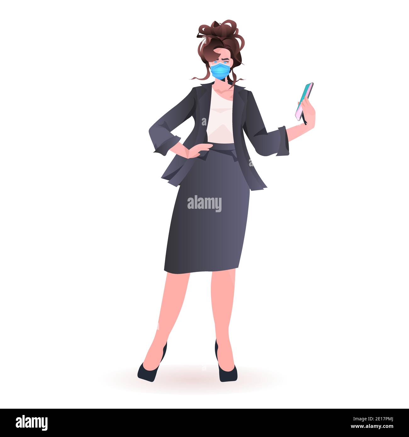 Geschäftsfrau trägt Maske, um Coronavirus Pandemie erfolgreiche Geschäftsfrau zu verhindern Mit Smartphone volle Länge Vektor Illustration Stock Vektor