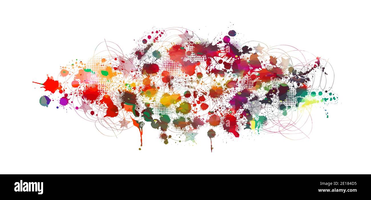 Legen Sie mehrfarbige Farbflecken auf einem schwarzen Hintergrund fest. Gemischte Medien. Vektorgrafik. Stock Vektor