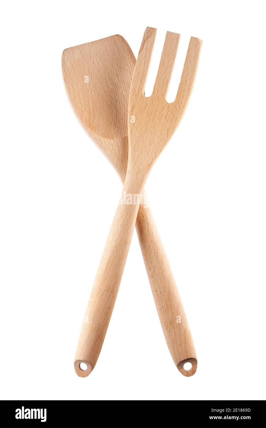 Holzgabel und Löffel isoliert auf weißem Hintergrund. Volle Schärfentiefe mit Beschneidungspfad. Stockfoto