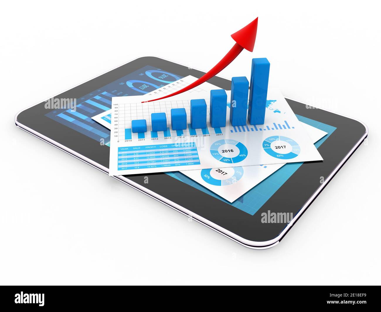 Computer-Tablet mit Geschäftsdokumenten. 3D-Rendering Stockfoto