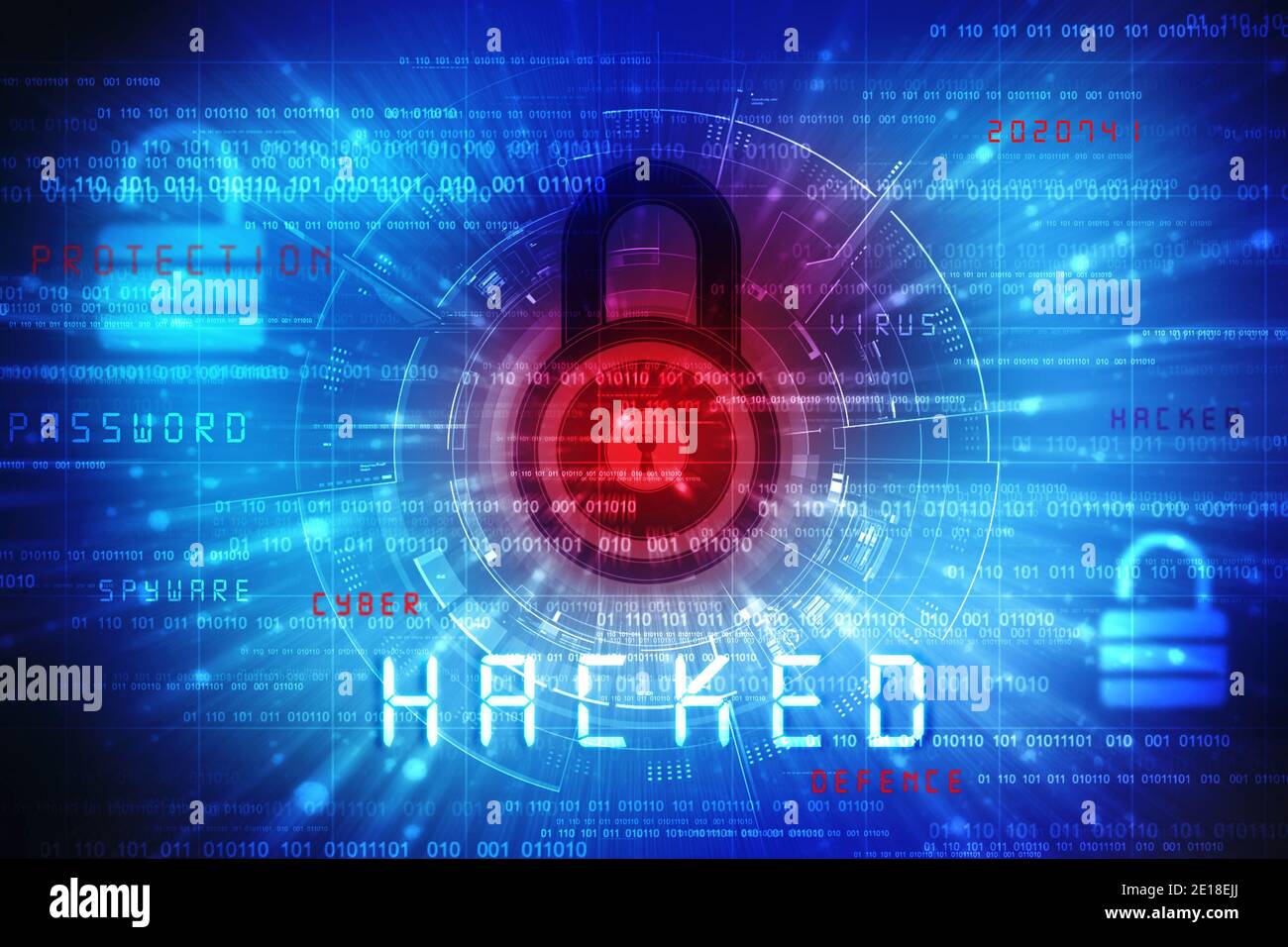 Computerdaten gehackt, Bits und Ziffern auf blauem, abstraktem Hintergrund der Technologie Stockfoto