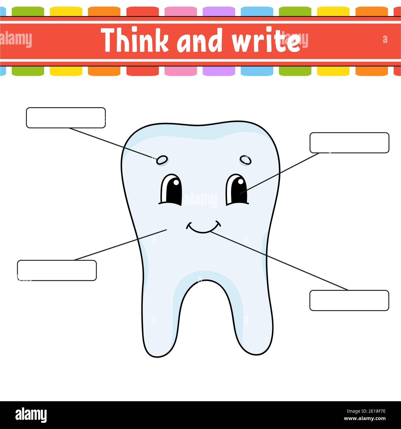 Gesunder Zahn. Denken und schreiben. Körperteil. Wörter lernen. Arbeitsblatt zum Bildungswesen. Aktivitätsseite für die Studie Englisch. Isolierte Vektordarstellung. Zeichentrickfilm Stock Vektor