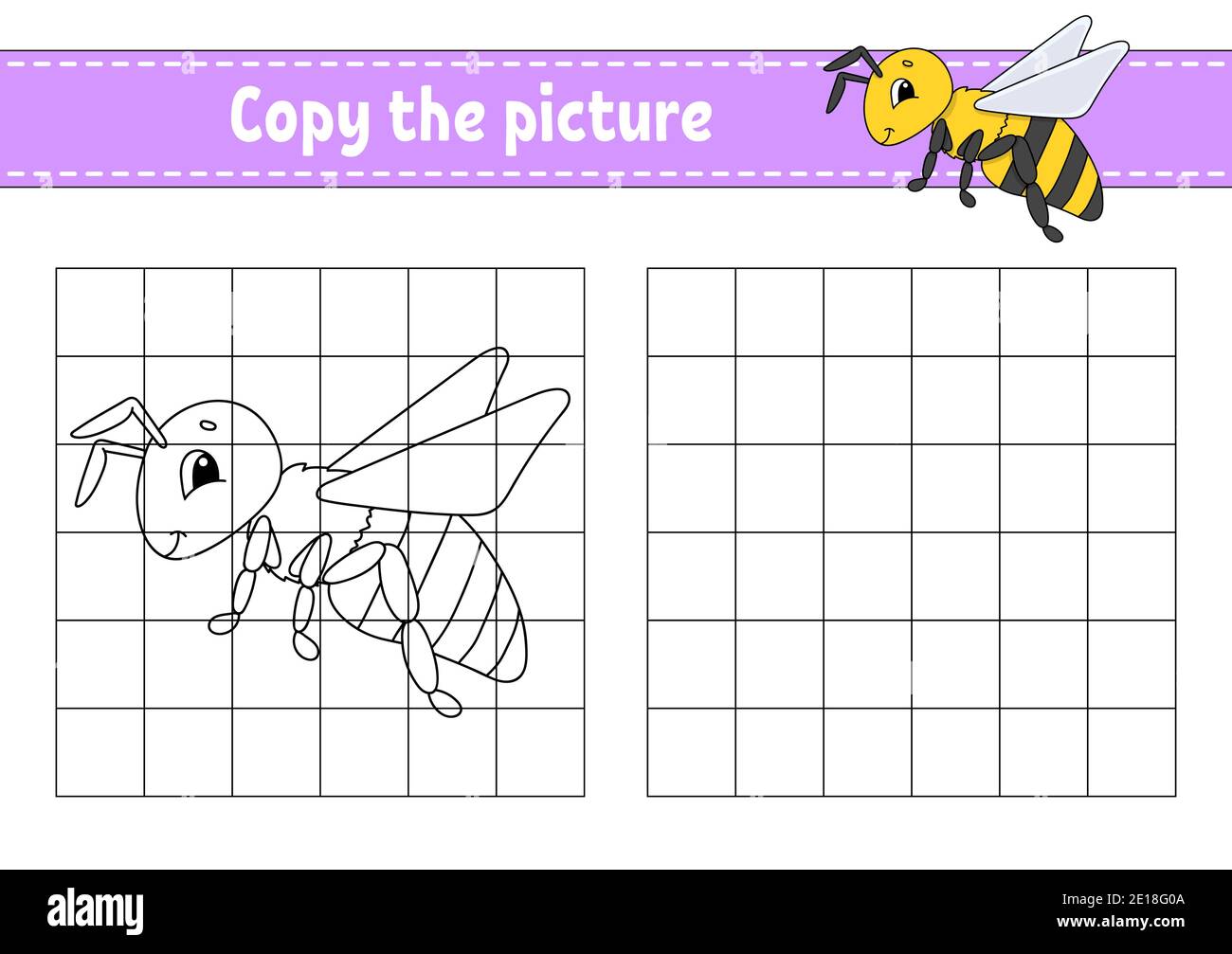 Gestreifte Biene... Kopieren Sie das Bild. Malbuch Seiten für Kinder. Arbeitsblatt zur Entwicklung von Schulungen. Spiel für Kinder. Handschriftverfahren. Witziger Charakter Stock Vektor