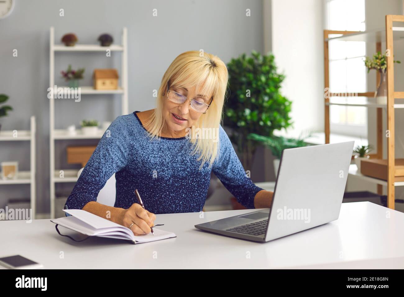 Eine ältere Frau macht sich Notizen, während sie sich ein Business-Training oder ein Online-Webinar auf einem Laptop ansieht. Stockfoto