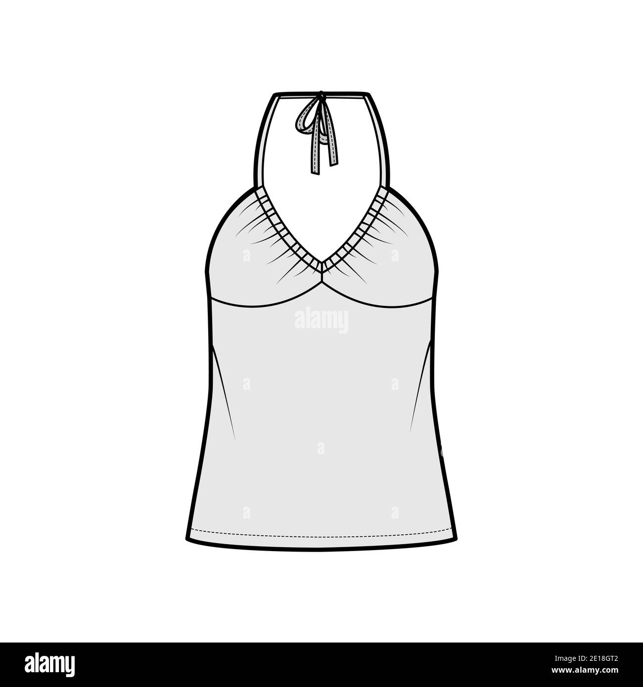 Top V-Ausschnitt Halfter Tank technische Mode-Illustration mit Empire-Naht, dünnen Tunika, überdimensioniert, Schleife, Tunika Länge. Flach nach außen Schablone vorne, grau. Frauen Männer Unisex CAD mockup Stock Vektor