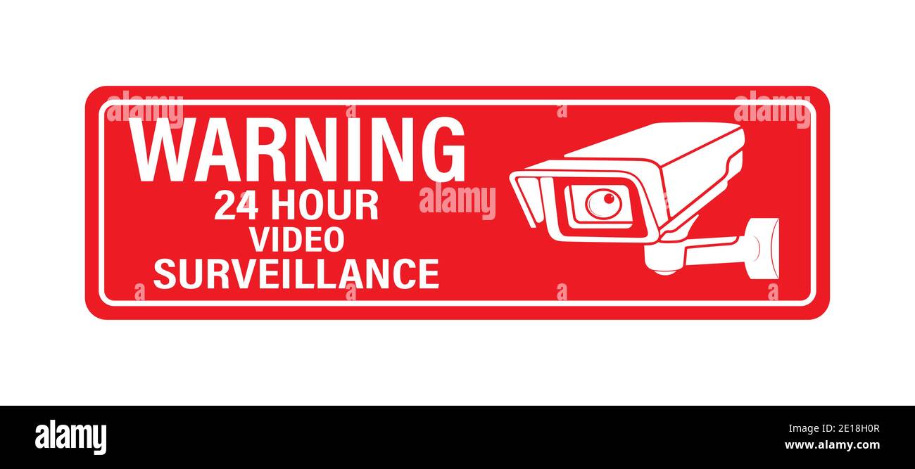 WARNUNG 24 Stunden Videoüberwachung. Vector Videoüberwachungsschild mit der Aufschrift flacher Stil. Stock Vektor