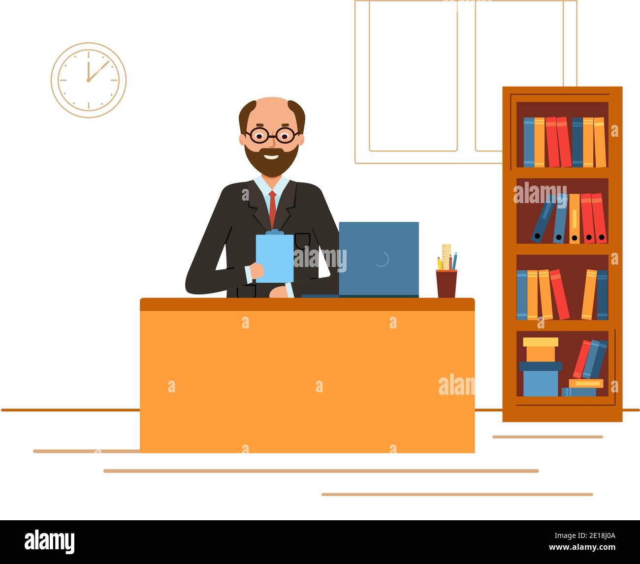 Chef in einem Anzug, der an einem Laptop-Computer arbeitet. Geschäftsmann sitzt am Schreibtisch. vektor-Illustration in modernen flachen Stil auf weißem Hintergrund. Stock Vektor