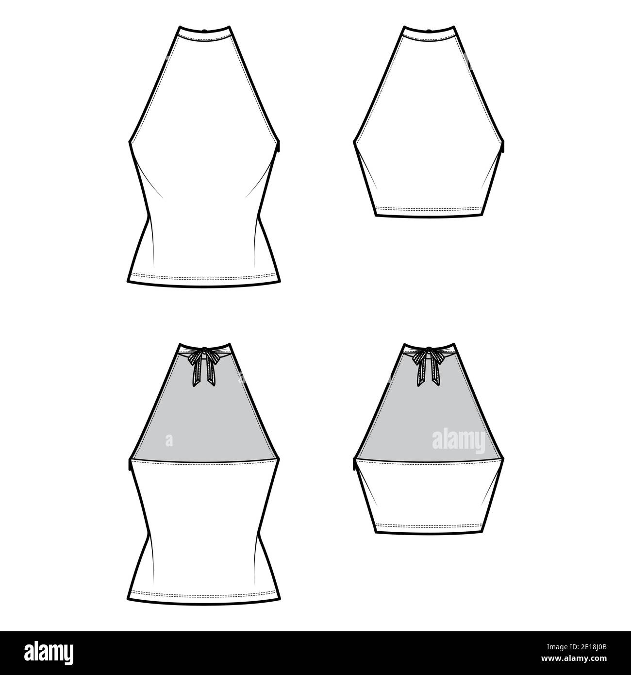 Set von Tops High Neck Halfter Tanks technische Mode Illustration mit Schleife, Slim Fit, Taille, crop Länge. Flach außen Bekleidungsschablone vorne, hinten, weiße Farbe. Frauen Männer Unisex CAD mockup Stock Vektor