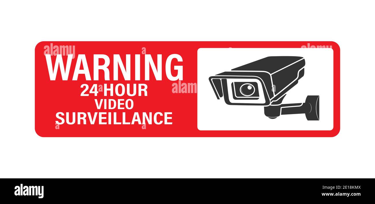 WARNUNG 24 Stunden Videoüberwachung. Vector Videoüberwachungsschild mit der Aufschrift flacher Stil. Stock Vektor