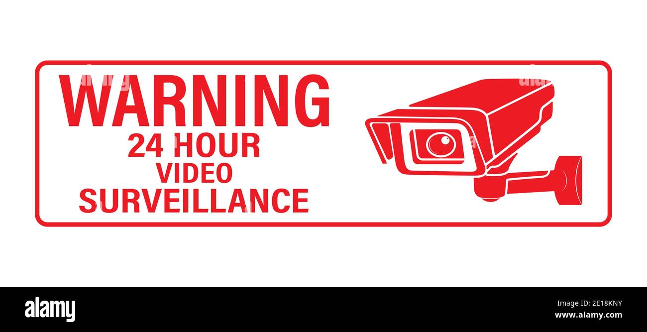 WARNUNG 24 Stunden Videoüberwachung. Vector Videoüberwachungsschild mit der Aufschrift. Leere Umrisse, flacher Stil. Stock Vektor