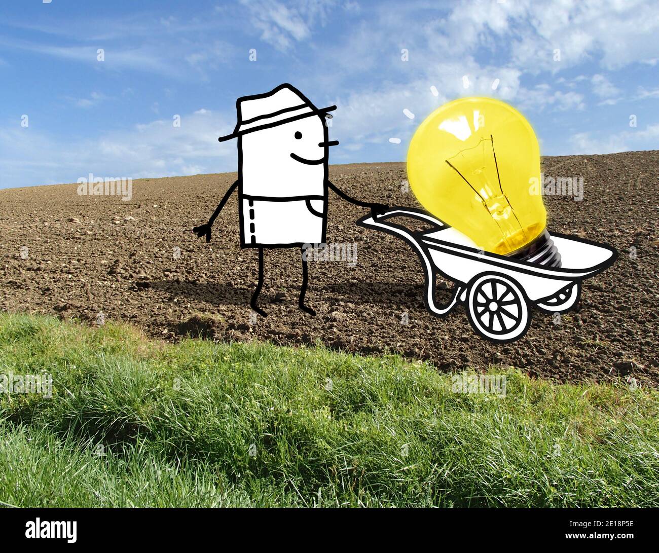 Hand gezeichnet Cartoon Farmer in einem Feld mit großen Gelb Glühbirne in einer Schubkarre - Collage Stockfoto