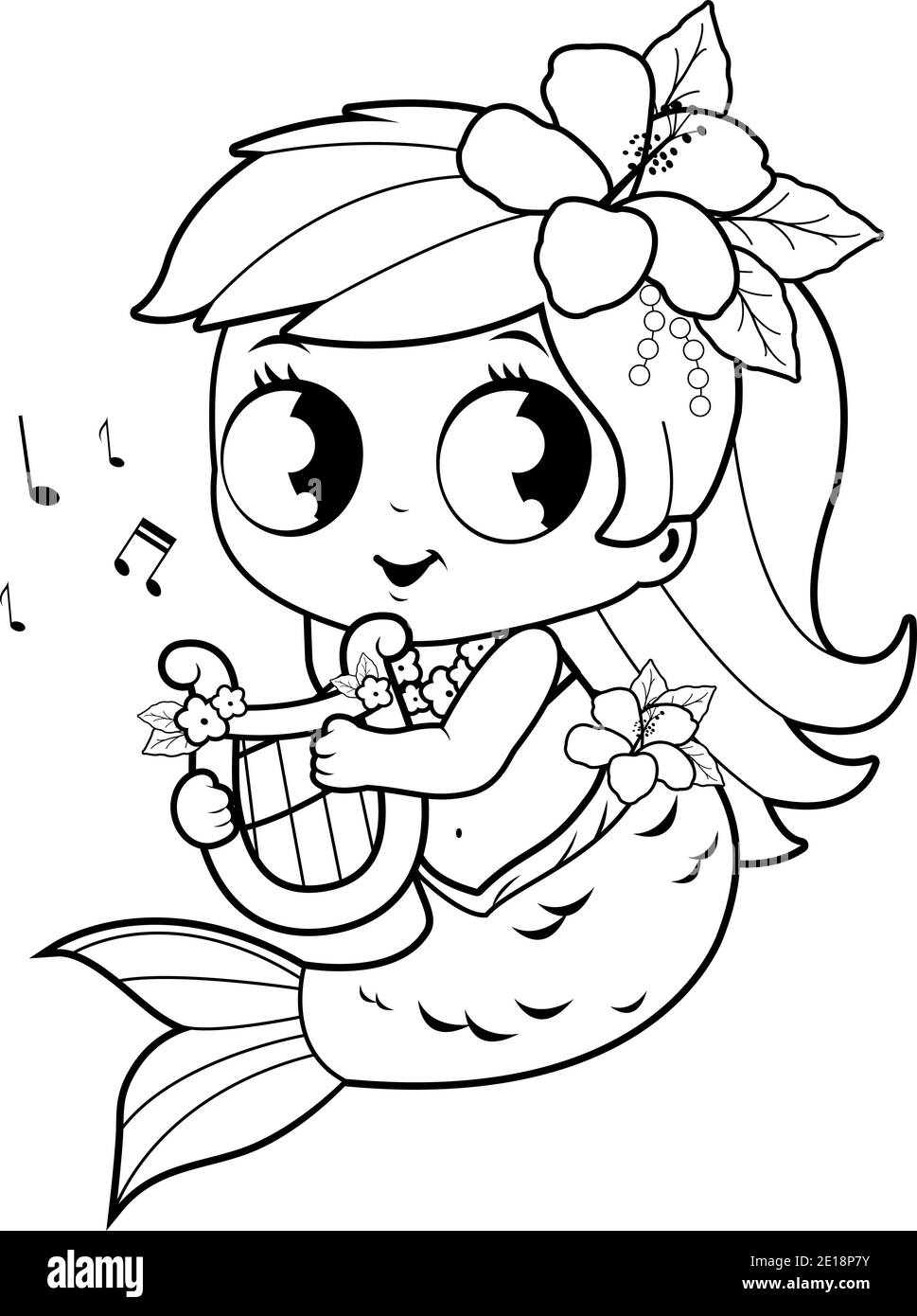 Nette Meerjungfrau, die Musik mit ihrer Leier spielt. Vektor schwarz-weiß Malseite Stock Vektor