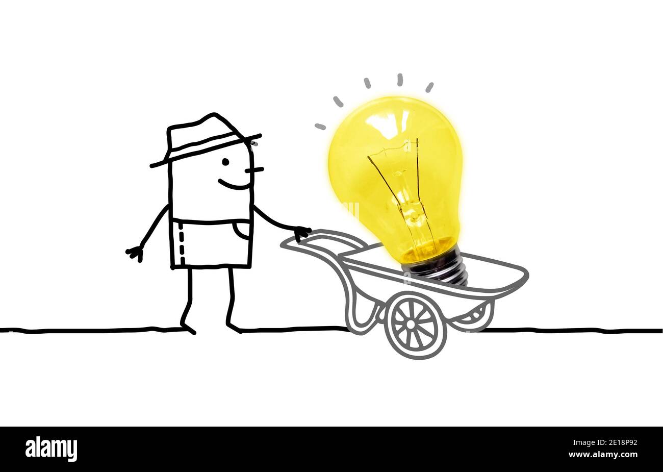 Hand gezeichnet Cartoon Farmer mit großen gelben Glühbirne in Eine Schubkarre Stockfoto