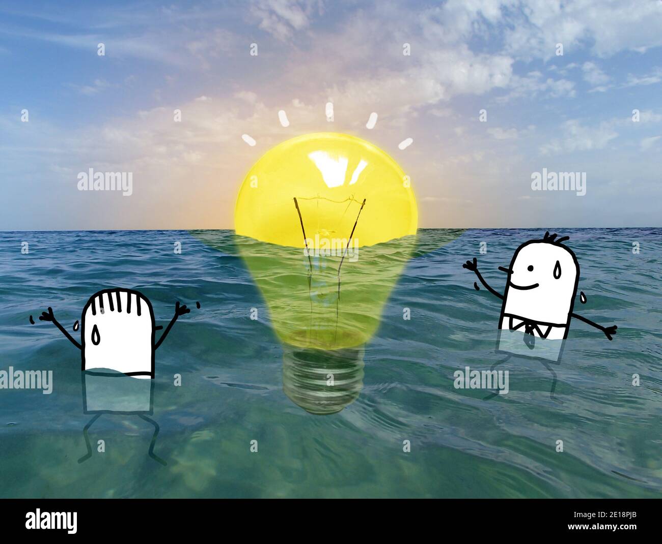 Hand gezeichnet Cartoon Männer verloren im Ozean glücklich zu Sehen Sie eine große gelbe Lampe - Collage Stockfoto
